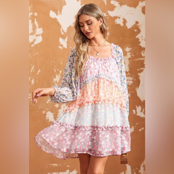 Floral Color Block Frill Trim Dress - Picture 4 of 5